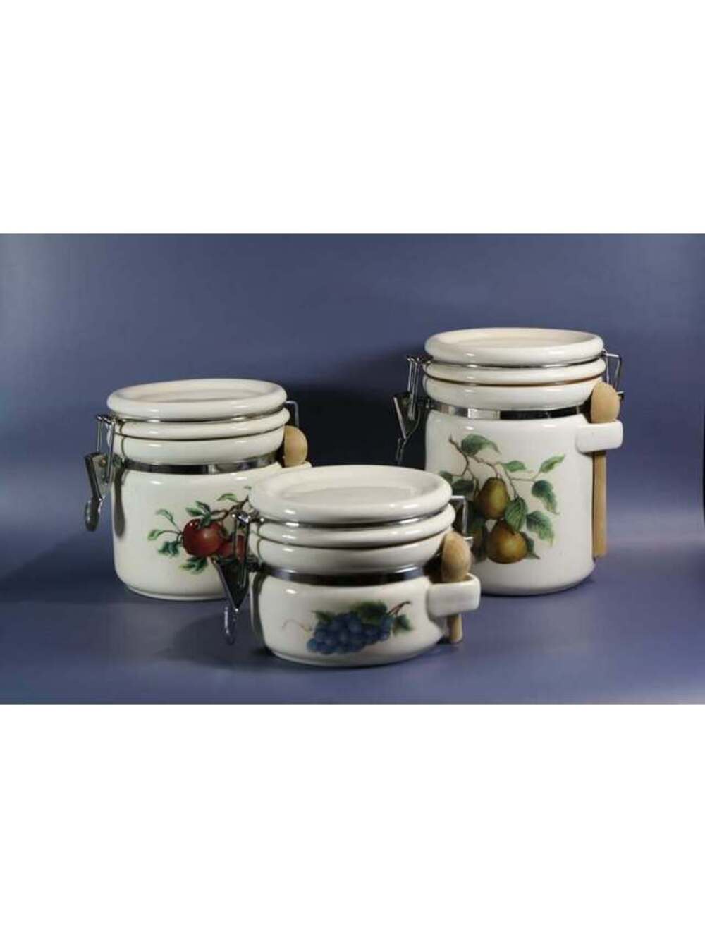 3 Pc Ceramic Kitchen Canister Set Fruit (Apple,Pear & Grape) Airtight Clamp Lids